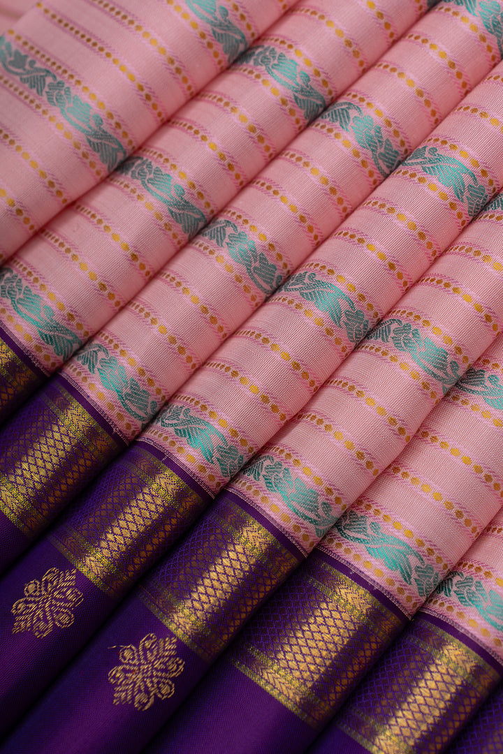 Pastel & purple pink veldhari thread stripes pure kanchipuram Silk saree