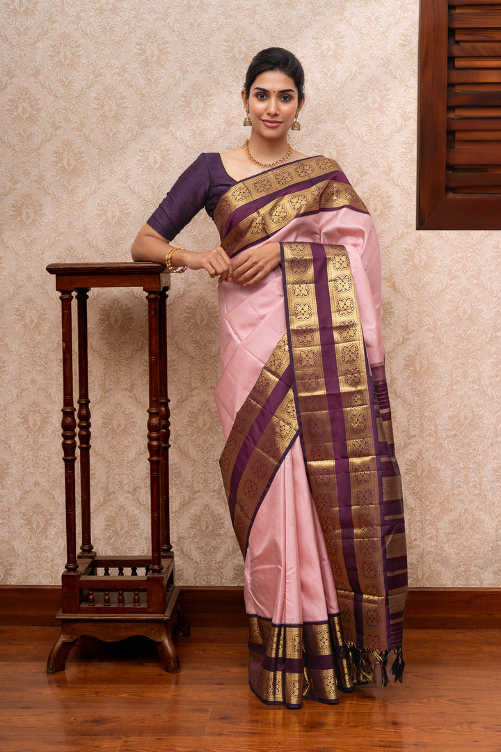 Pink and jamun classic  rettai pettu pure kanchipuram silk saree