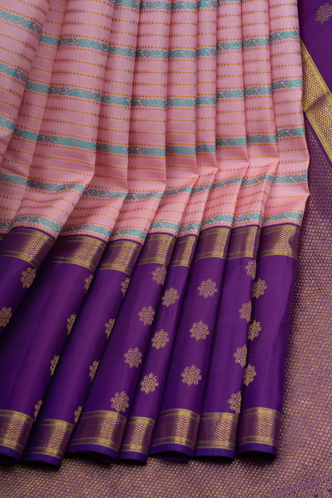 Pastel & purple pink veldhari thread stripes pure kanchipuram Silk saree