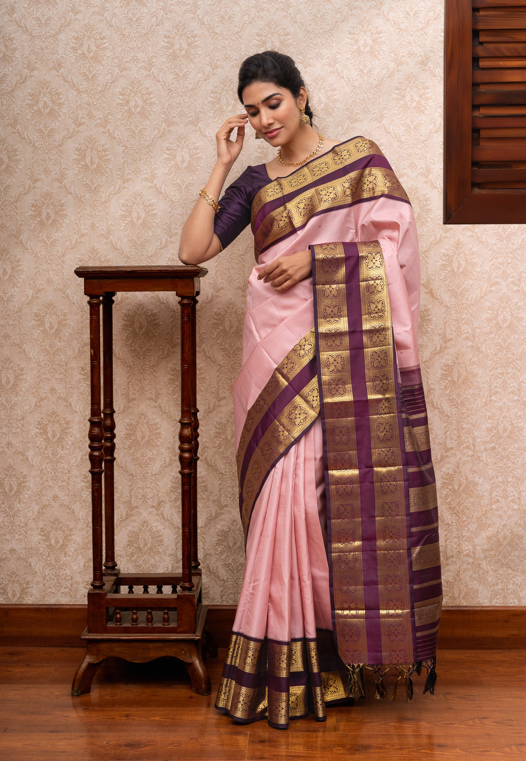Pink and jamun classic  rettai pettu pure kanchipuram silk saree
