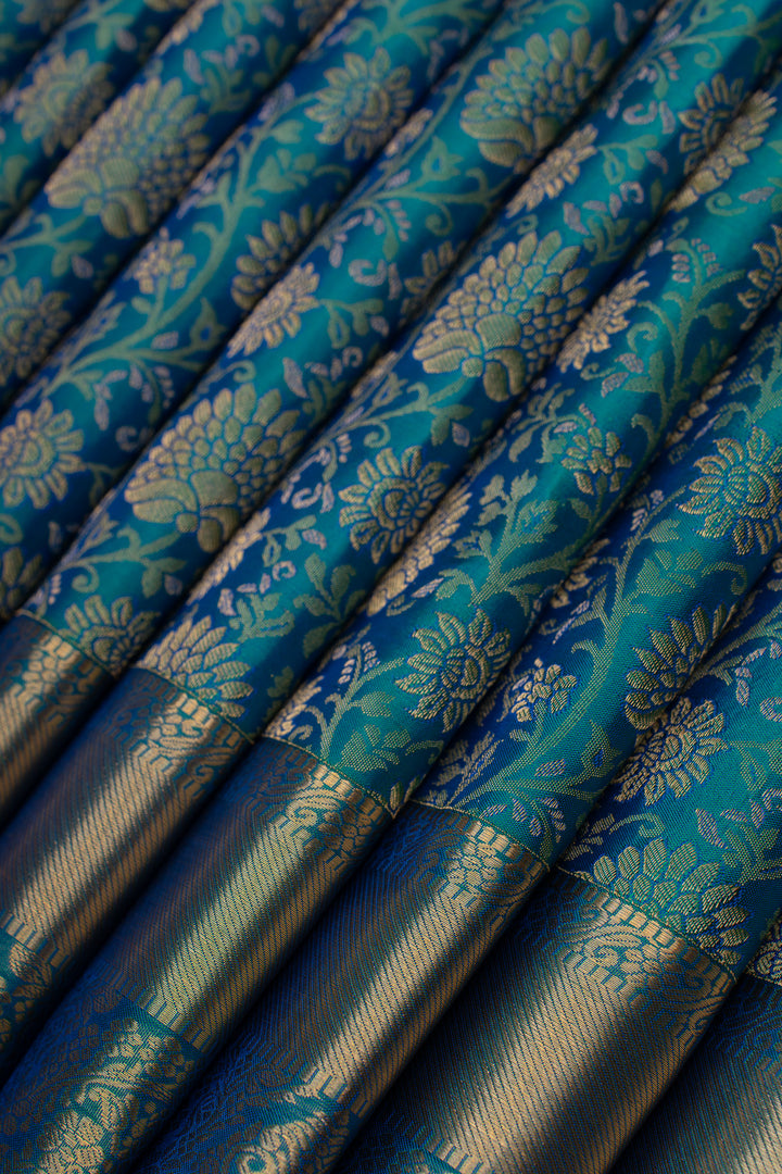 Peacock blue floral brocade pure kanchipuram Silk saree