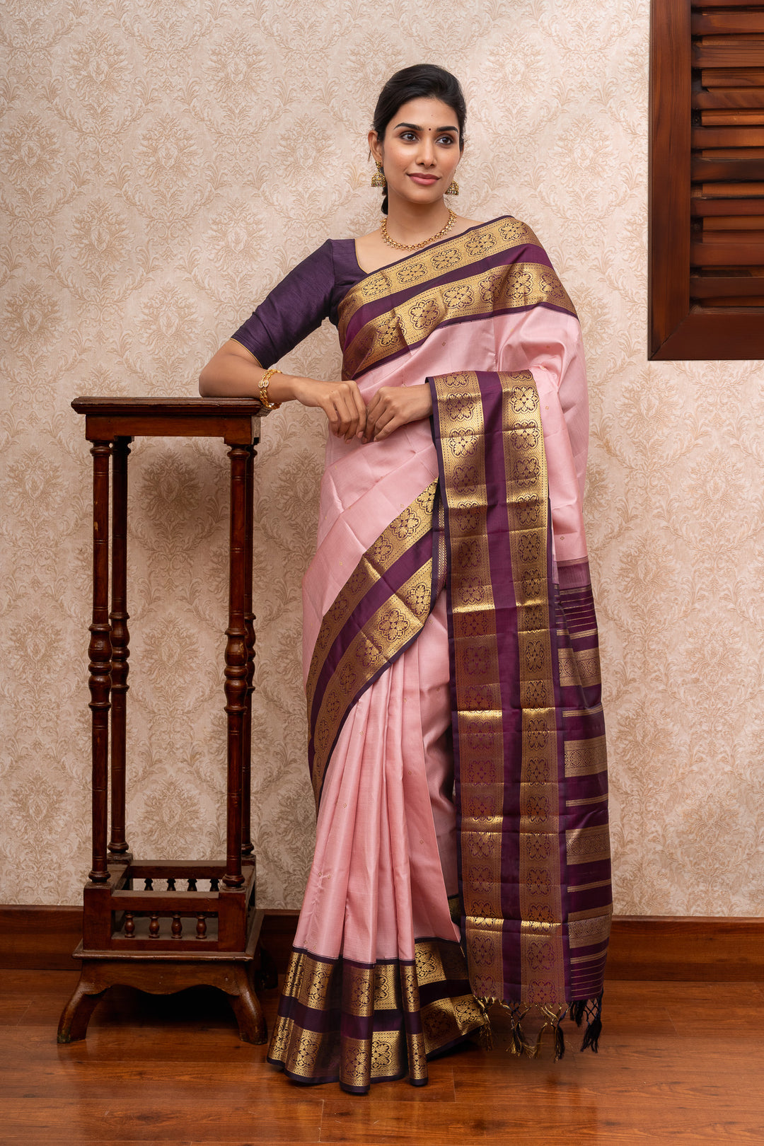 Pink and jamun classic  rettai pettu pure kanchipuram silk saree