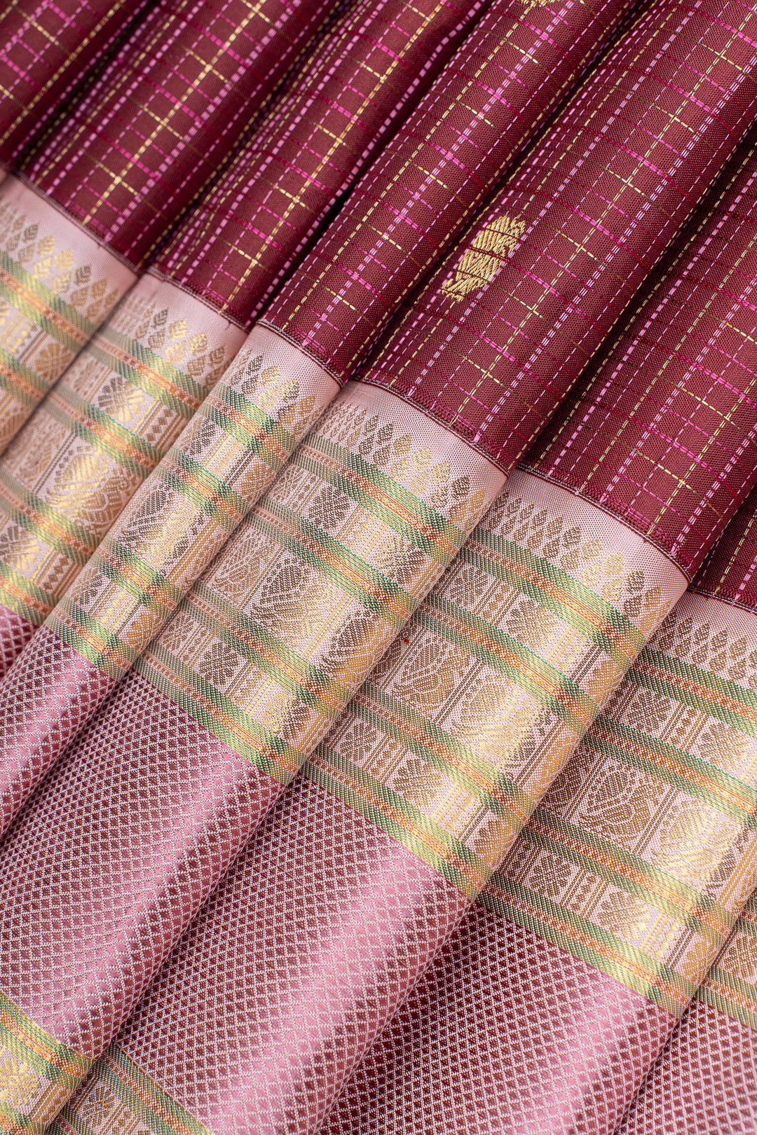 Maroon and pink zari checks pure kanchipuram silk saree