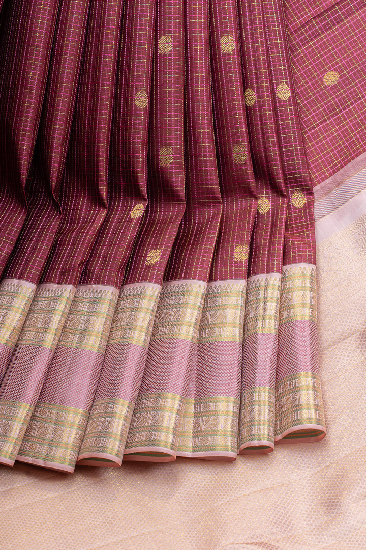 Maroon and pink zari checks pure kanchipuram silk saree