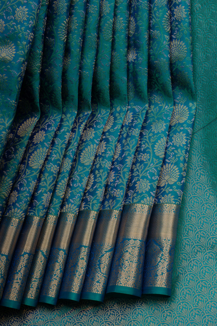 Peacock blue floral brocade pure kanchipuram Silk saree