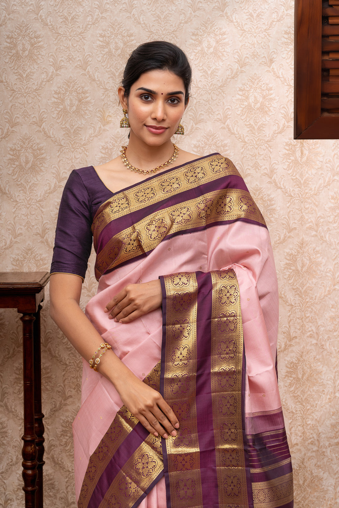 Pink and jamun classic  rettai pettu pure kanchipuram silk saree