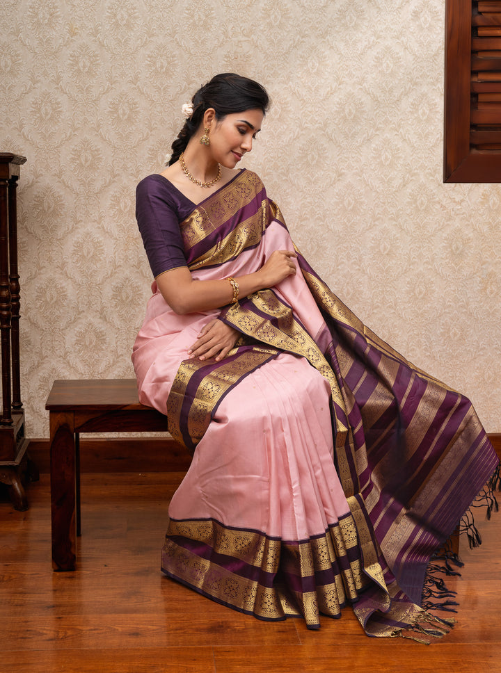 Pink and jamun classic  rettai pettu pure kanchipuram silk saree