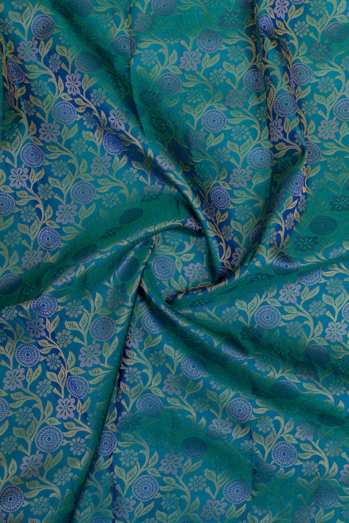 Peacock blue floral brocade pure Kanchipuram silk saree