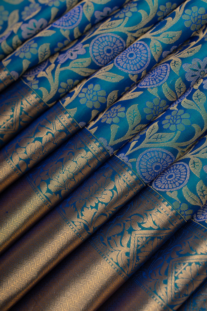 Peacock blue floral brocade pure Kanchipuram silk saree