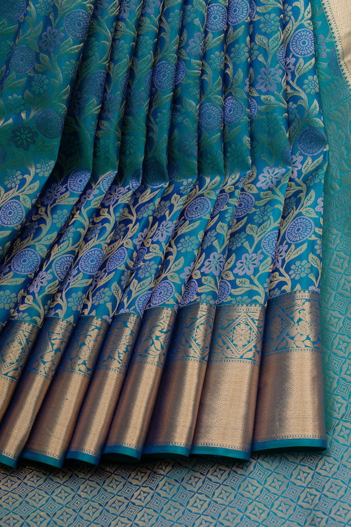 Peacock blue floral brocade pure Kanchipuram silk saree