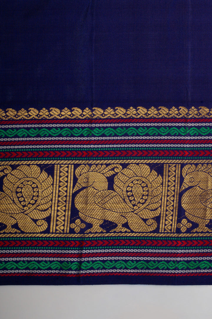 Orange and blue vintage checks pure kanchipuram silk saree