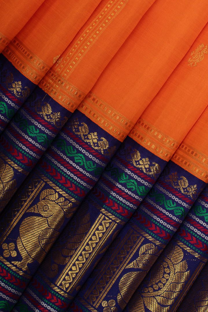 Orange and blue vintage checks pure kanchipuram silk saree