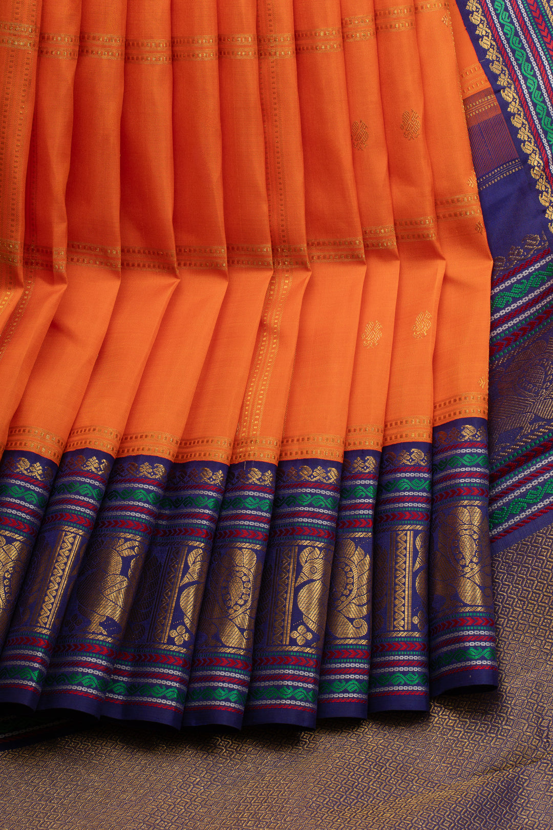 Orange and blue vintage checks pure kanchipuram silk saree