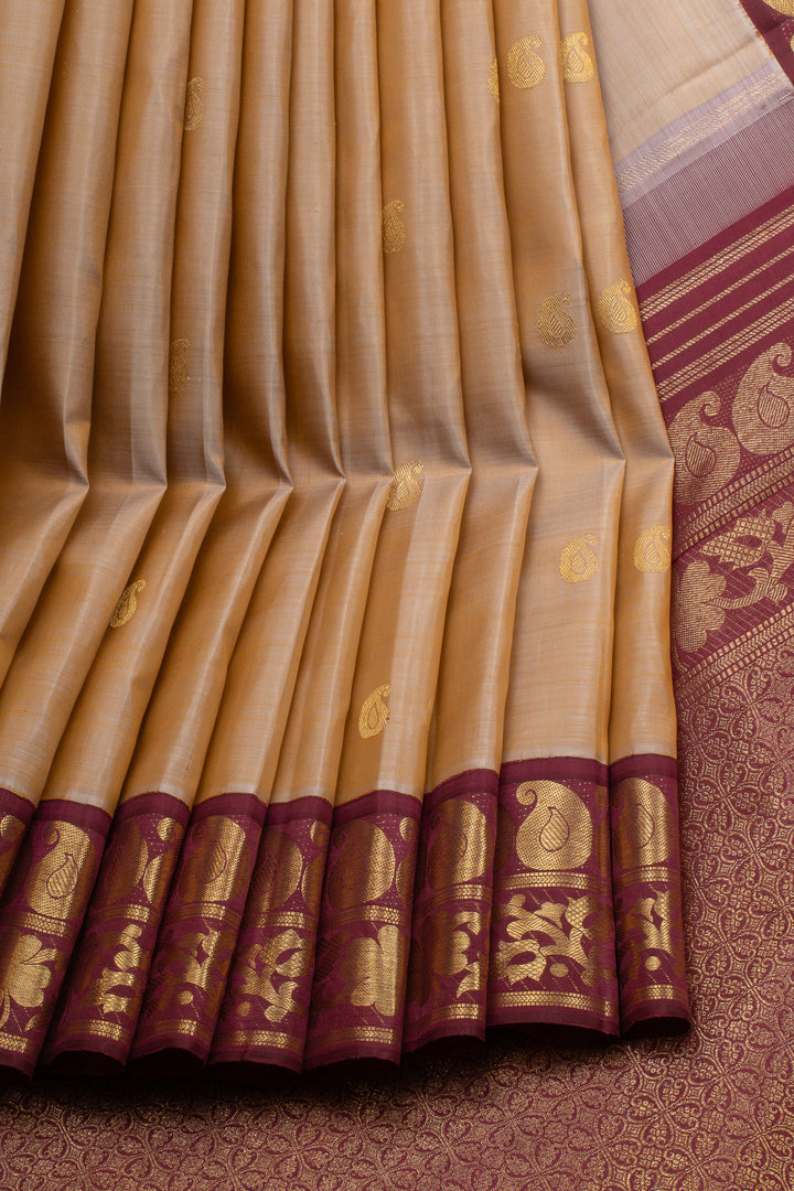 Sandal beige and  maroon traditional pure kanchipuram silk saree