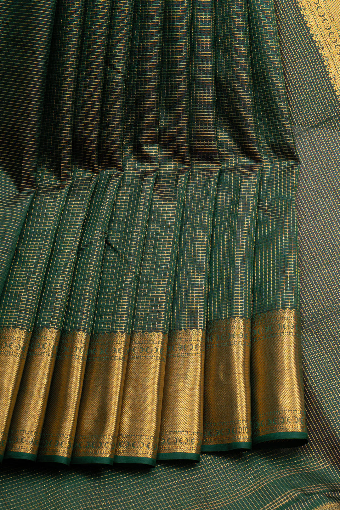 Bottle green zari checks pure kanchipuram silk saree