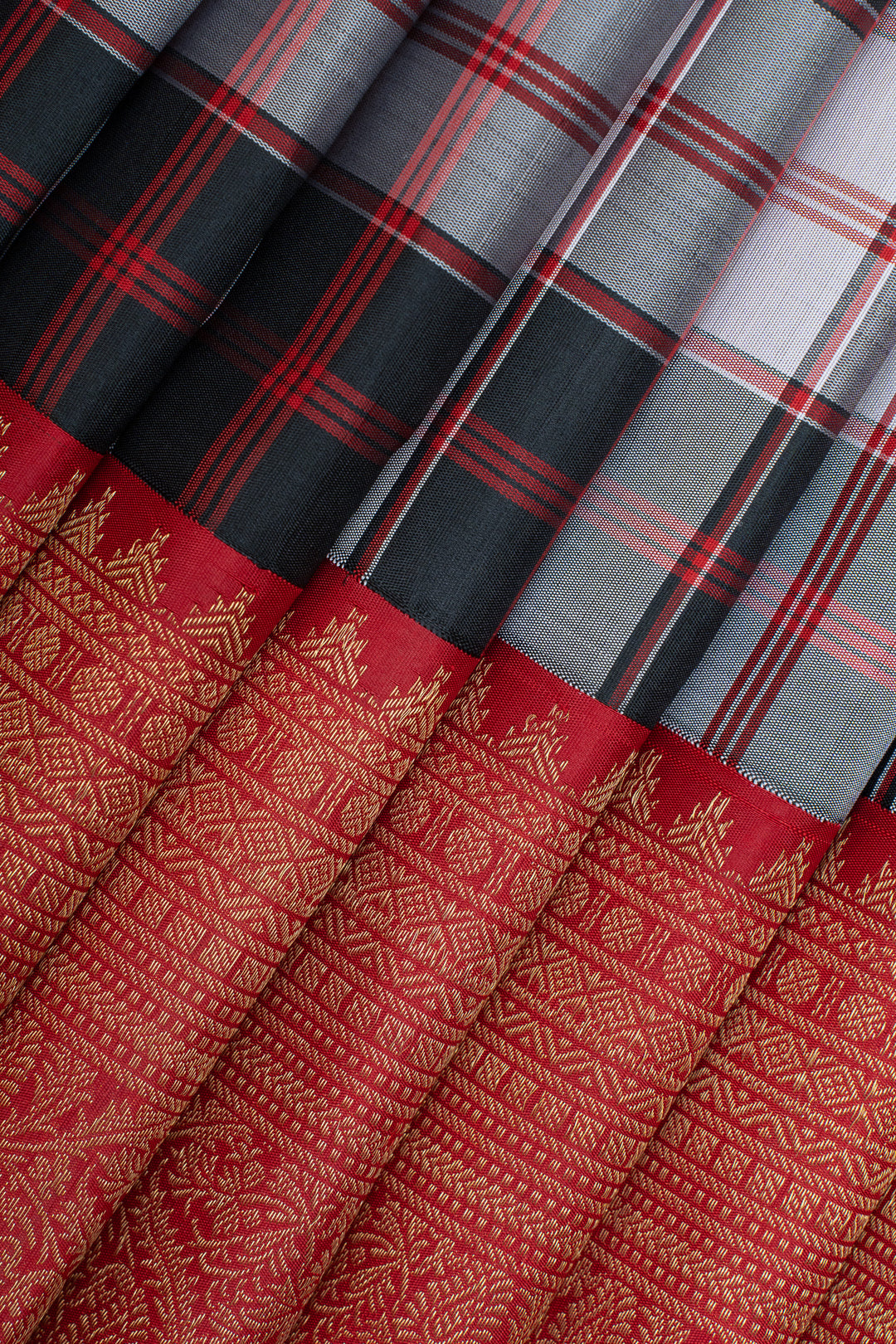Black and white checks turning border pure kanchipuram silk saree