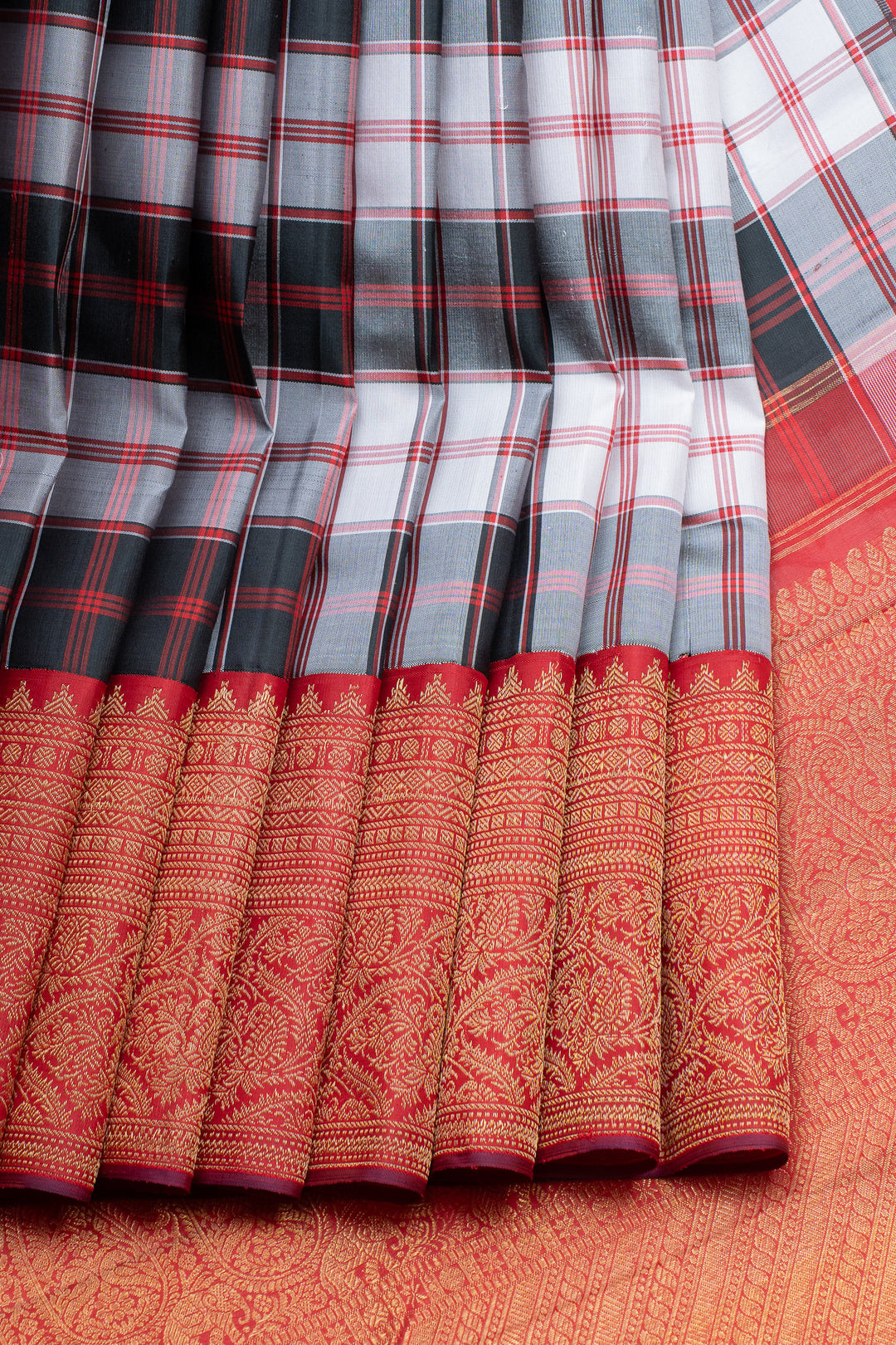 Black and white checks turning border pure kanchipuram silk saree