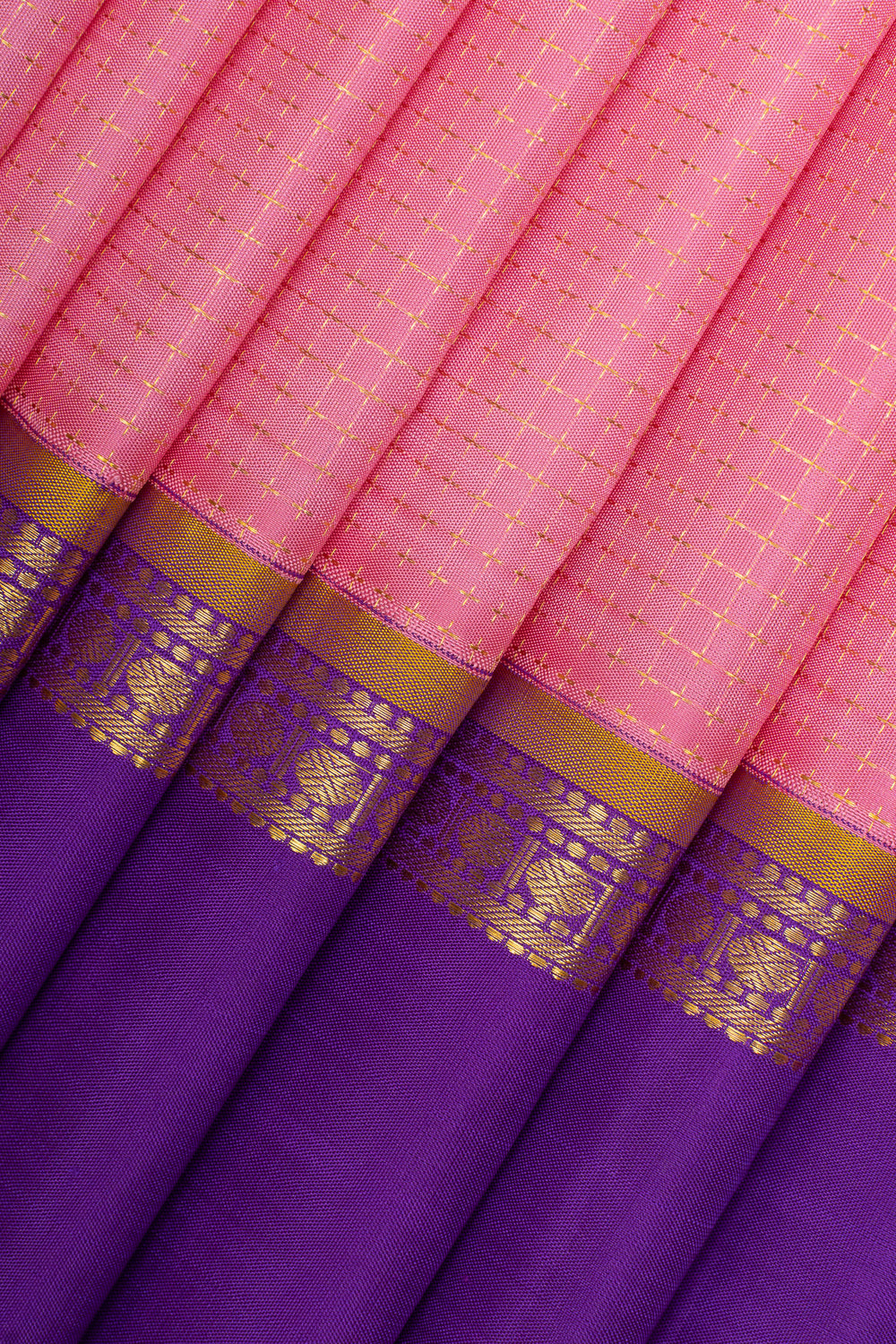 Lotus pink and purple plus veldhari checks pure kanchipuram silk saree