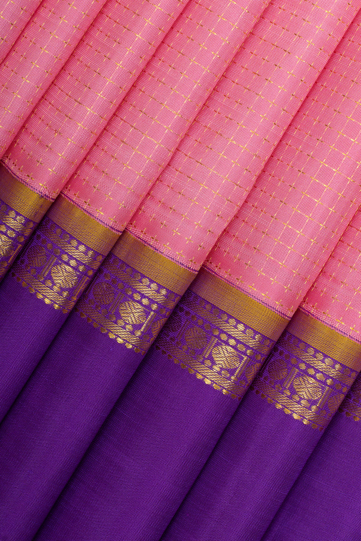 Lotus pink and purple plus veldhari checks pure kanchipuram silk saree