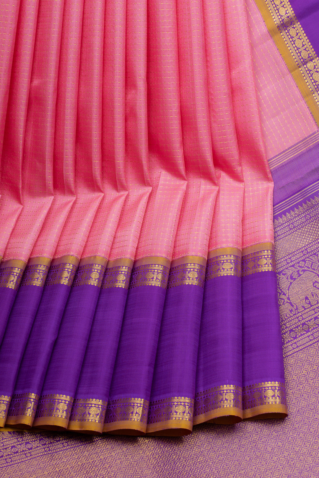 Lotus pink and purple plus veldhari checks pure kanchipuram silk saree