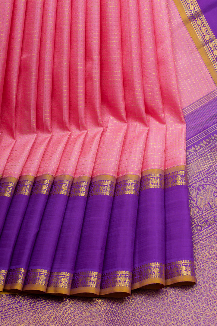 Lotus pink and purple plus veldhari checks pure kanchipuram silk saree