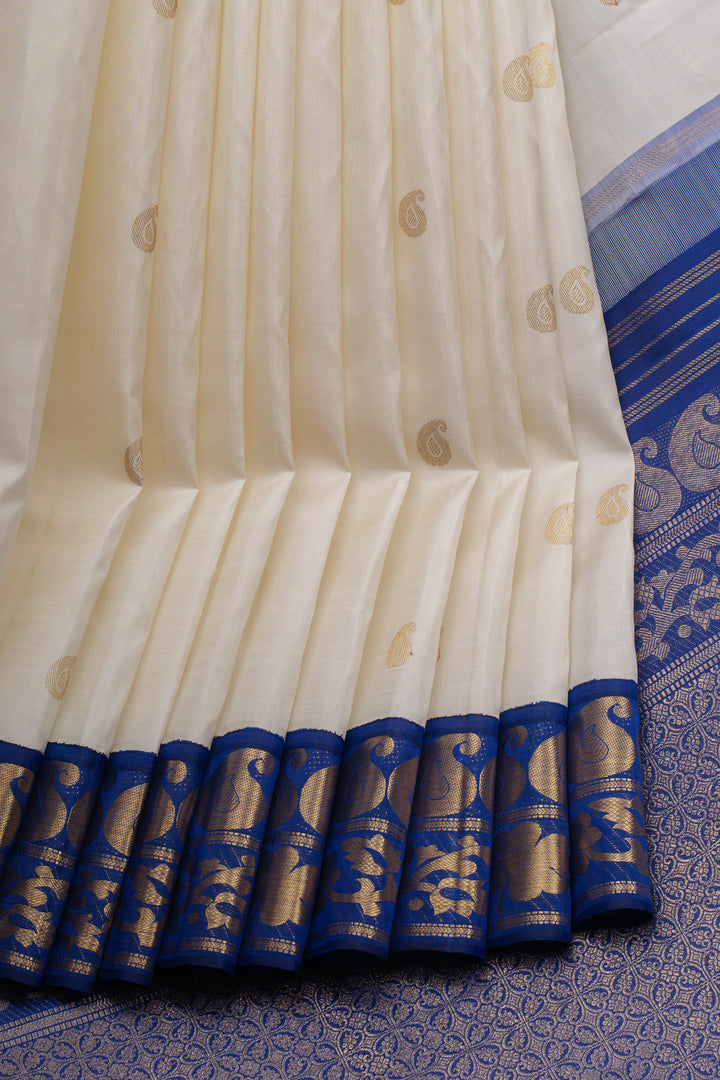 Ivory and ms blue vintage pure kanchipuram silk saree