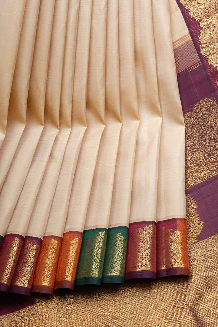 Cream multi borders  pure kanchipuram silk saree