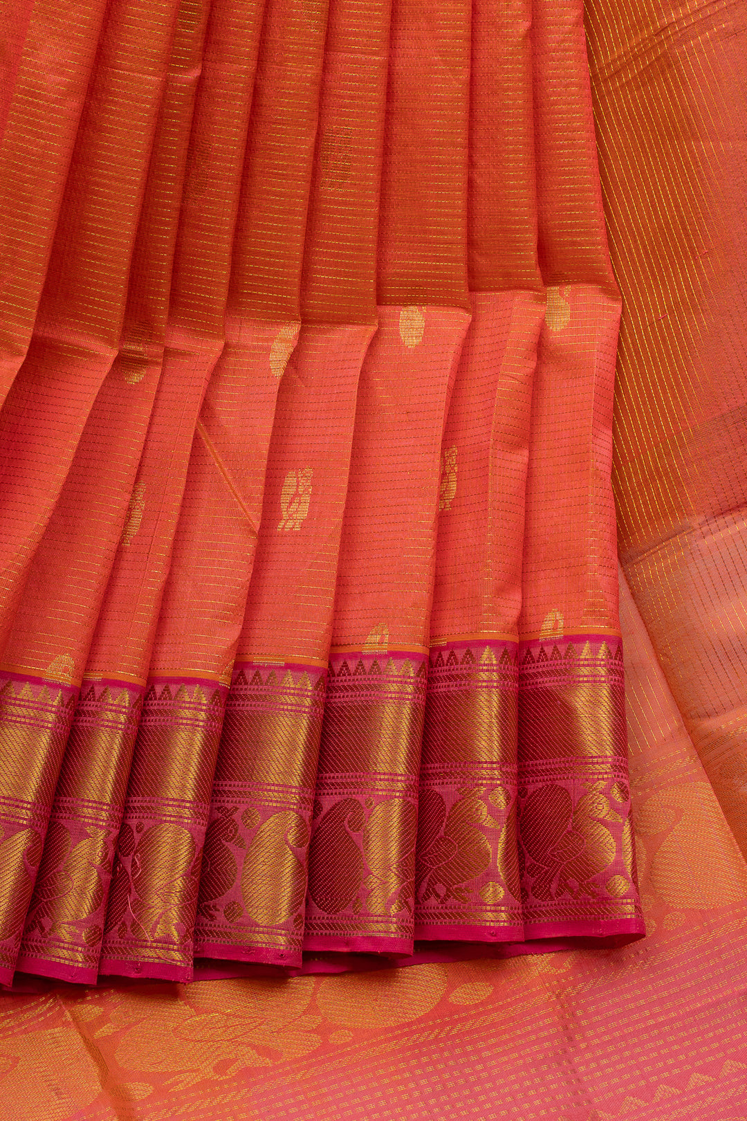 Peach orange stripes pure silk cotton saree