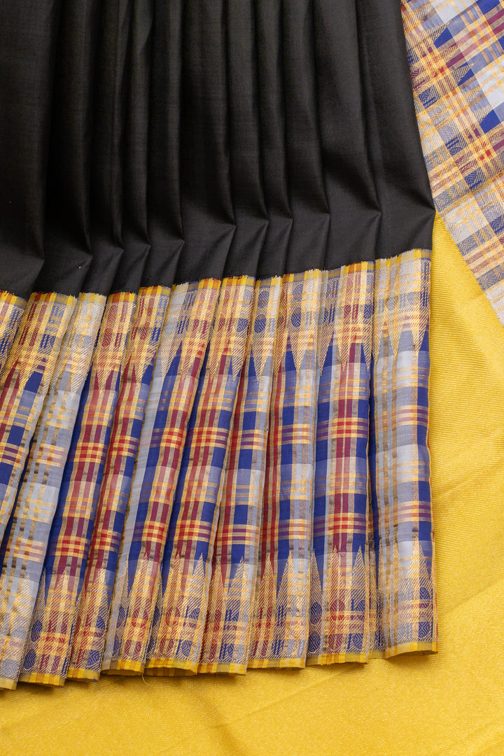 Black vintage multi checks border  pure kanchipuram silk saree
