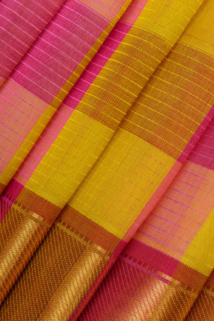 Pink and yellow checks  pure kanchipuram silk saree