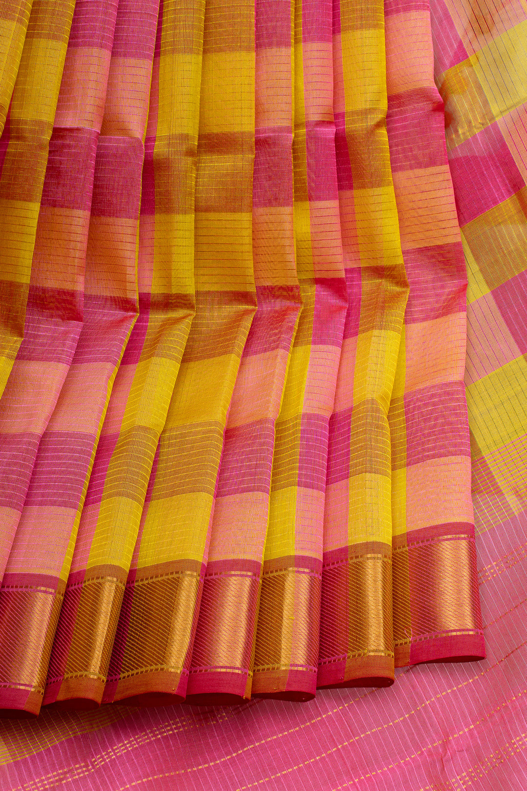 Pink and yellow checks  pure kanchipuram silk saree