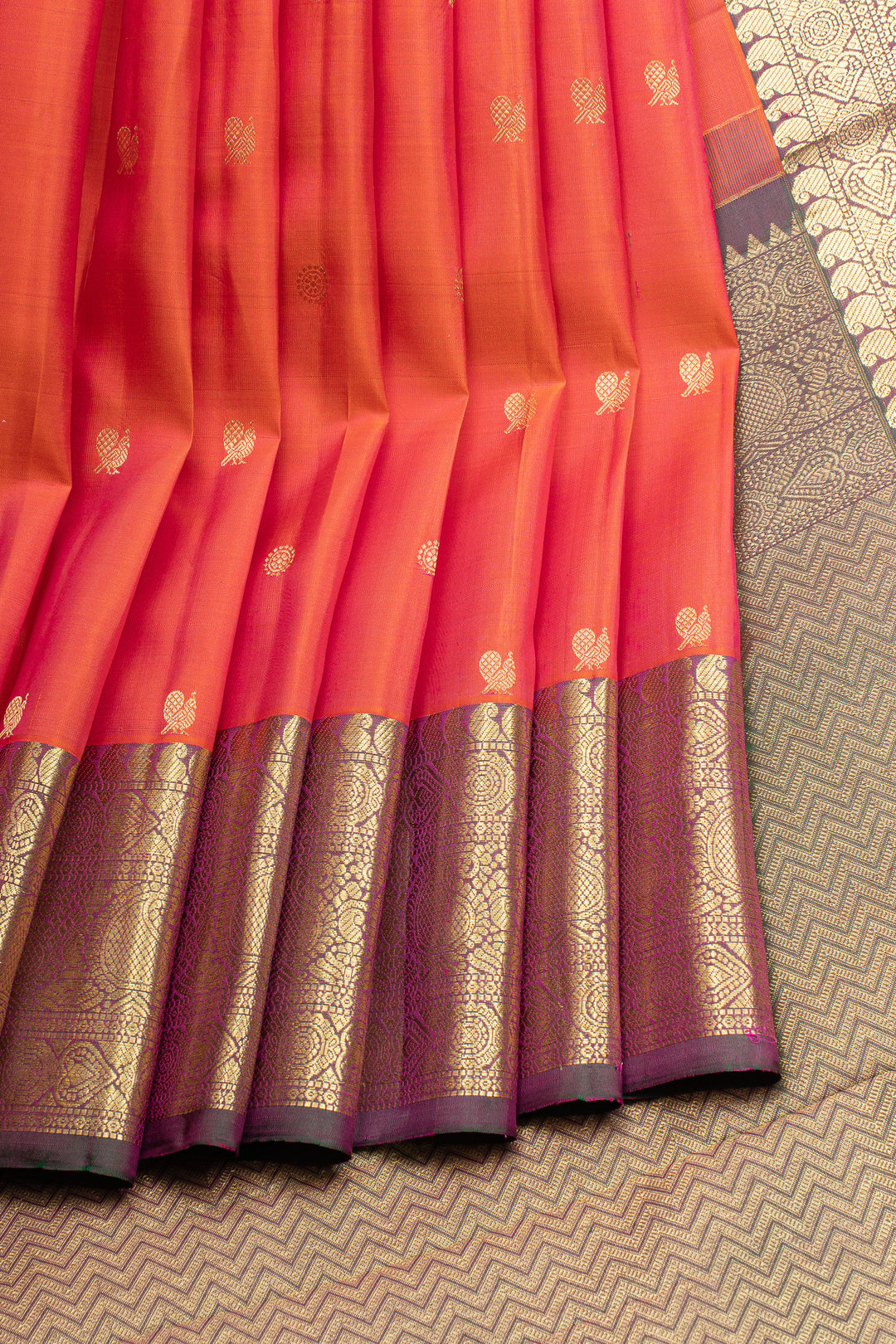 Peach orange traditional pure kanchipuram silk saree