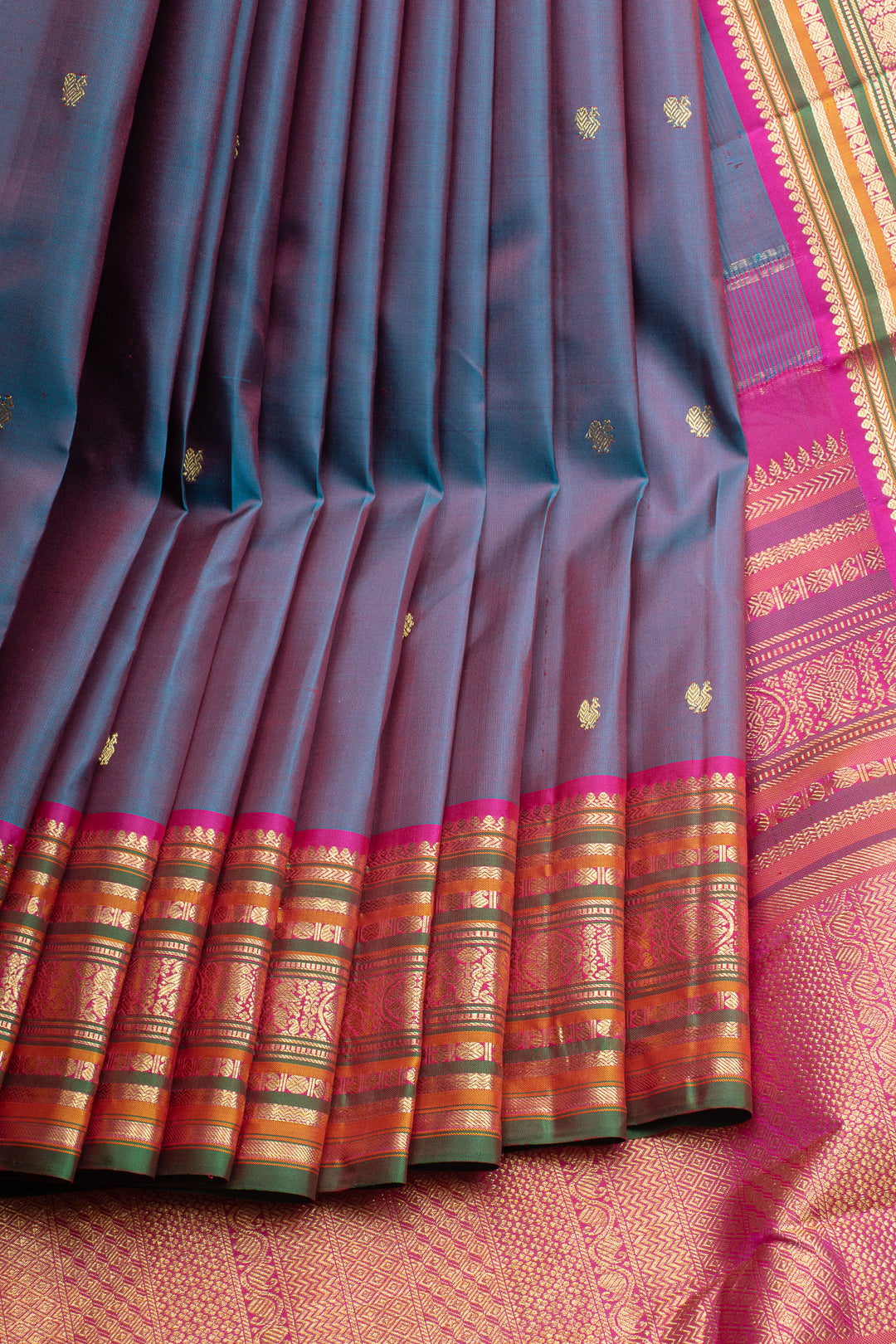 Peacock blue and pink pure kanchipuram silk saree