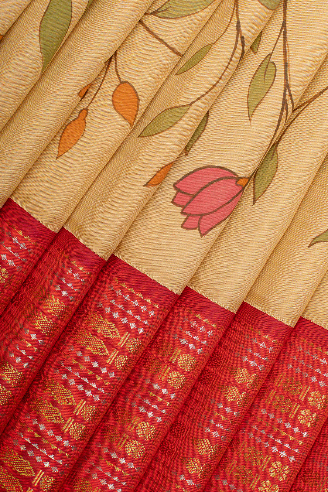 Cream Handpainted Ganga Jamuna pure Kanchipuram silk saree