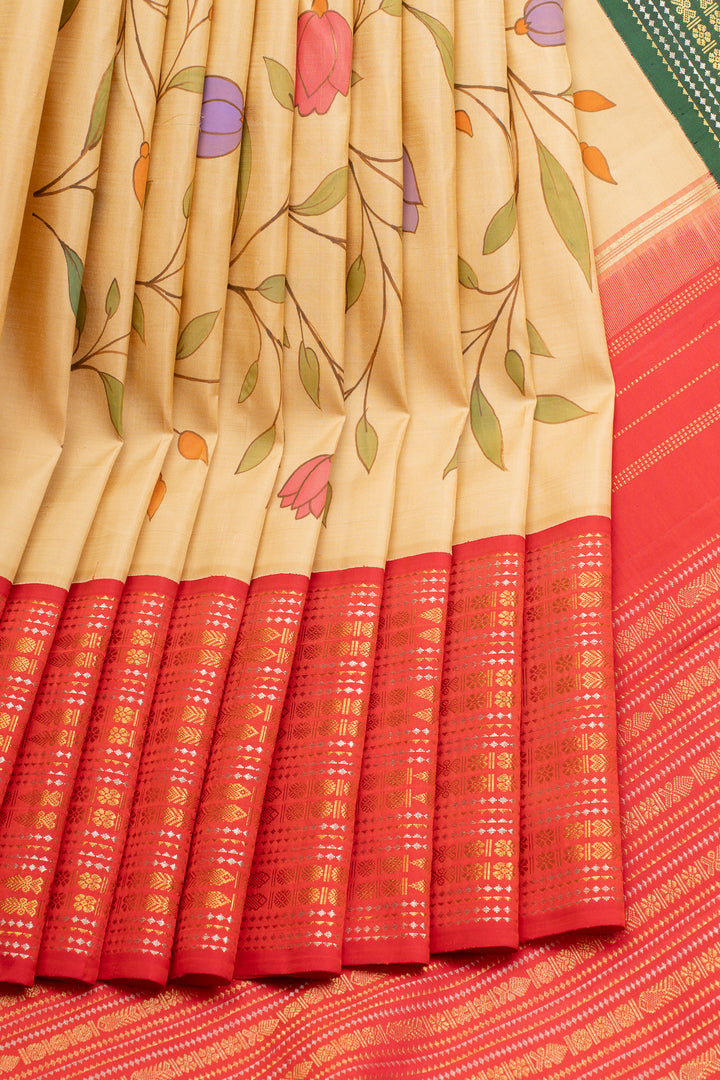 Cream Handpainted Ganga Jamuna pure Kanchipuram silk saree