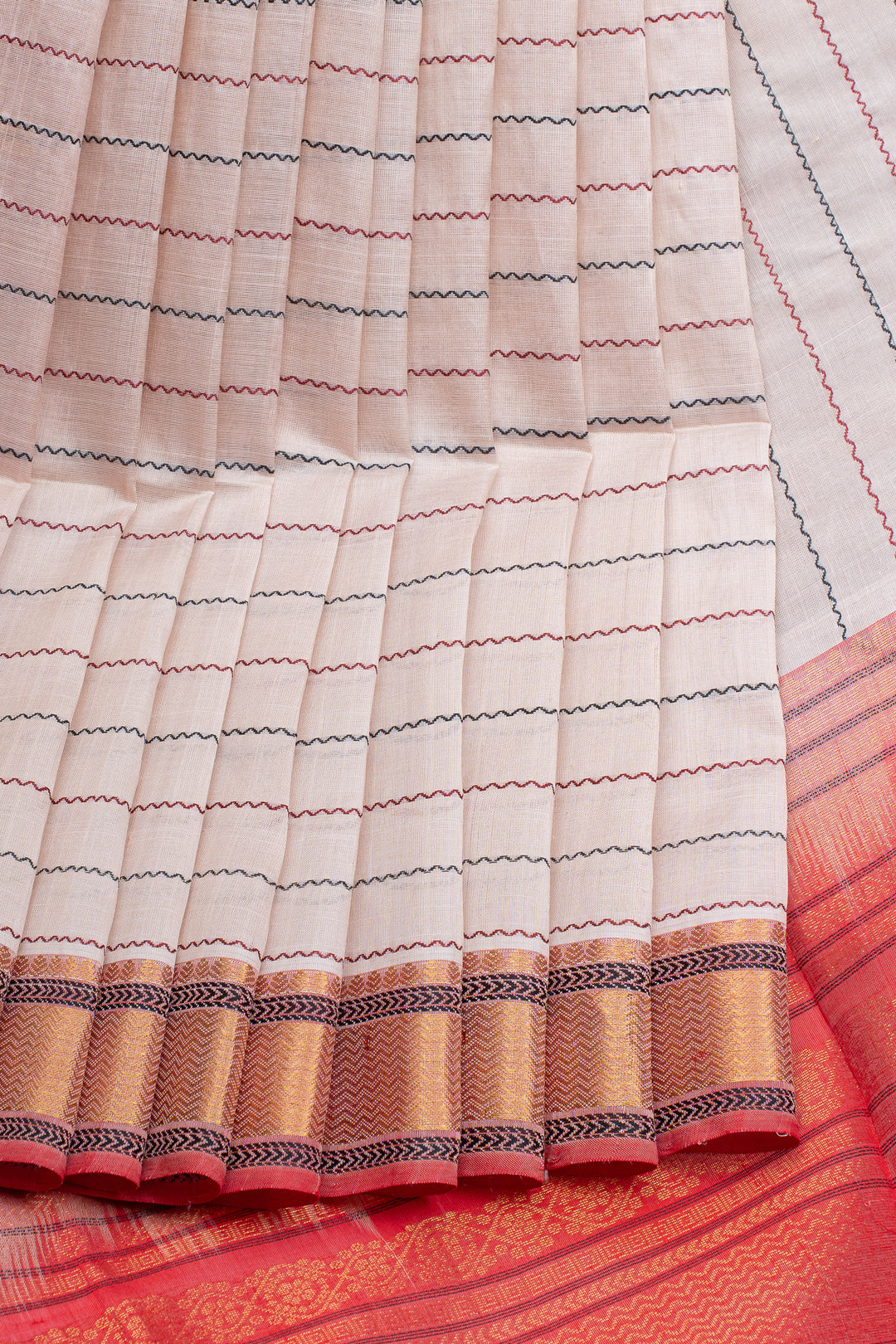 Off white neli thread stripes  pure silk cotton saree