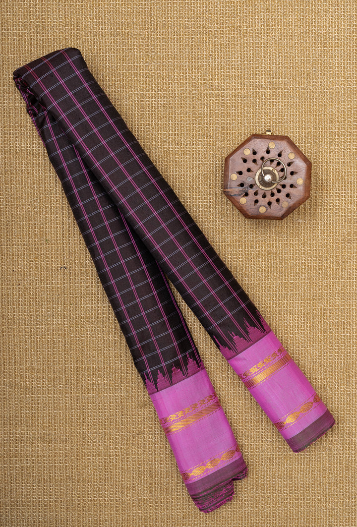 Brown and pink checks Gadwal &amp; Kuttu Gadwal silk saree