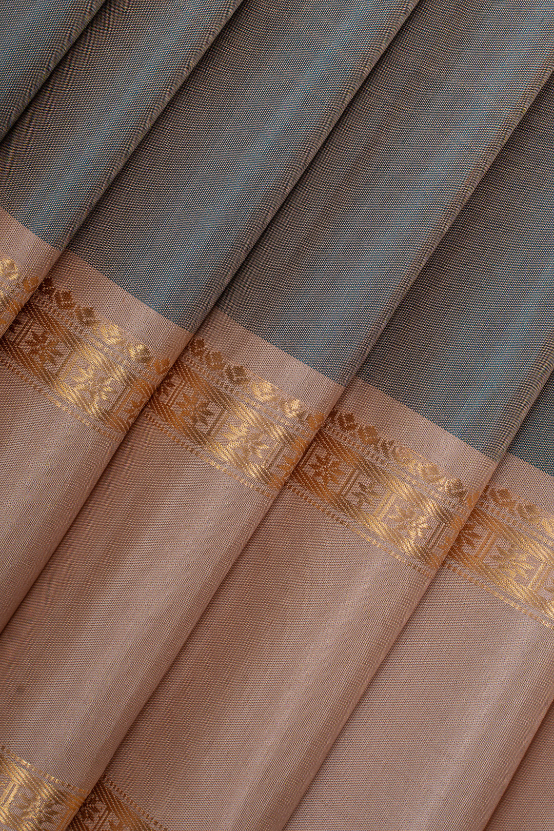 Bluish grey and beige rettai pettu pure soft silk saree