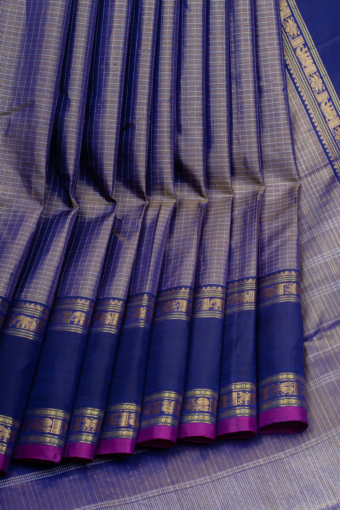 Navy blue zari checks pure kanchipuram silk saree