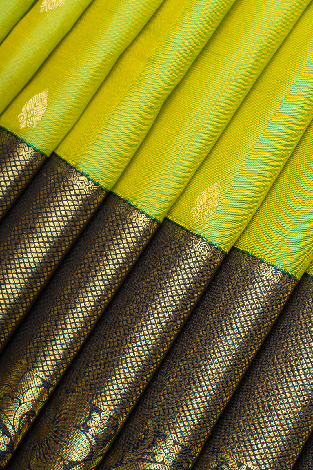 Lime green and brown traditional pure kanchipuram silk saree