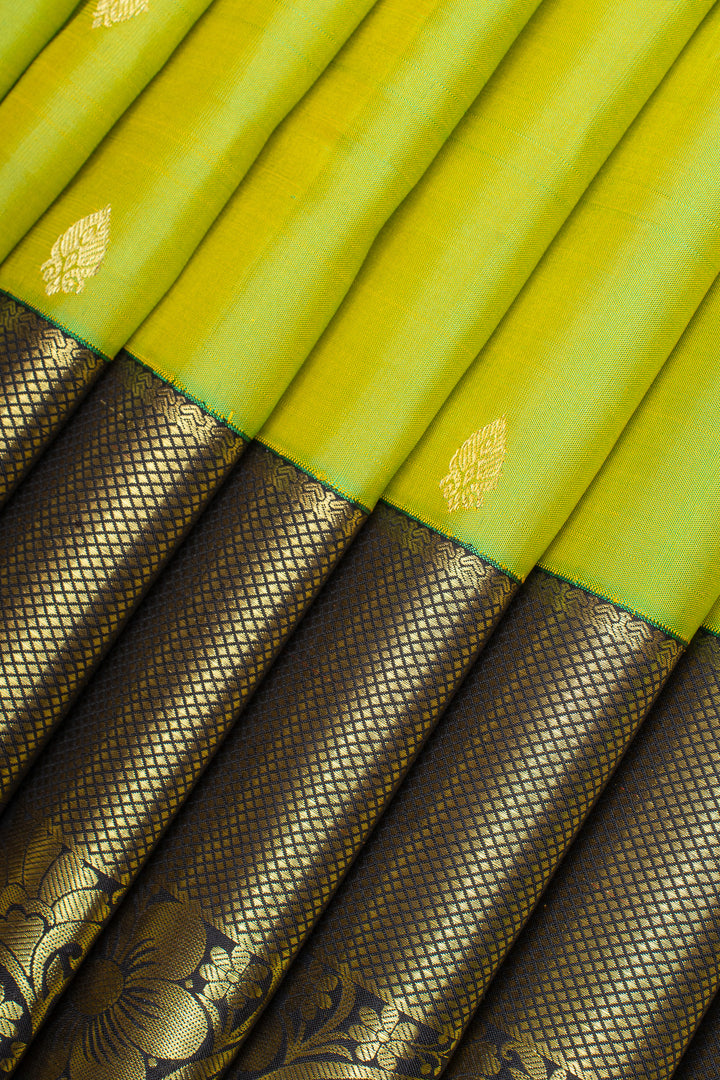 Lime green and brown traditional pure kanchipuram silk saree