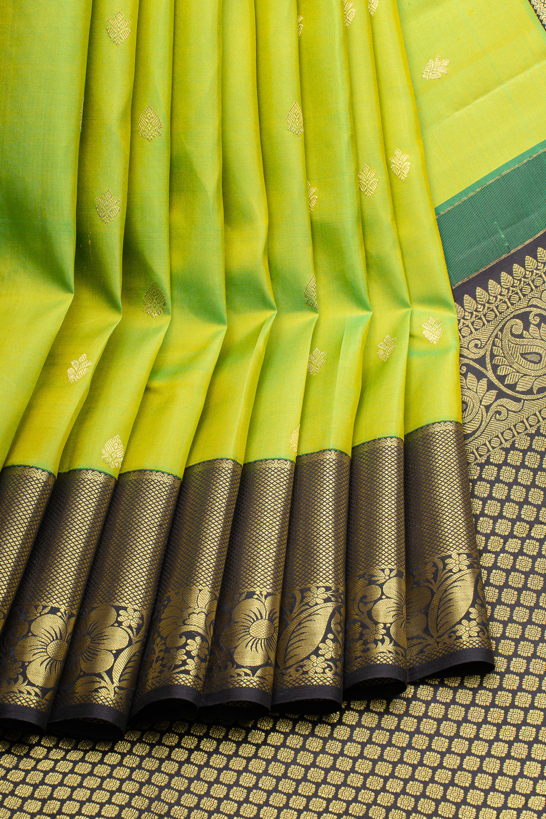 Lime green and brown traditional pure kanchipuram silk saree