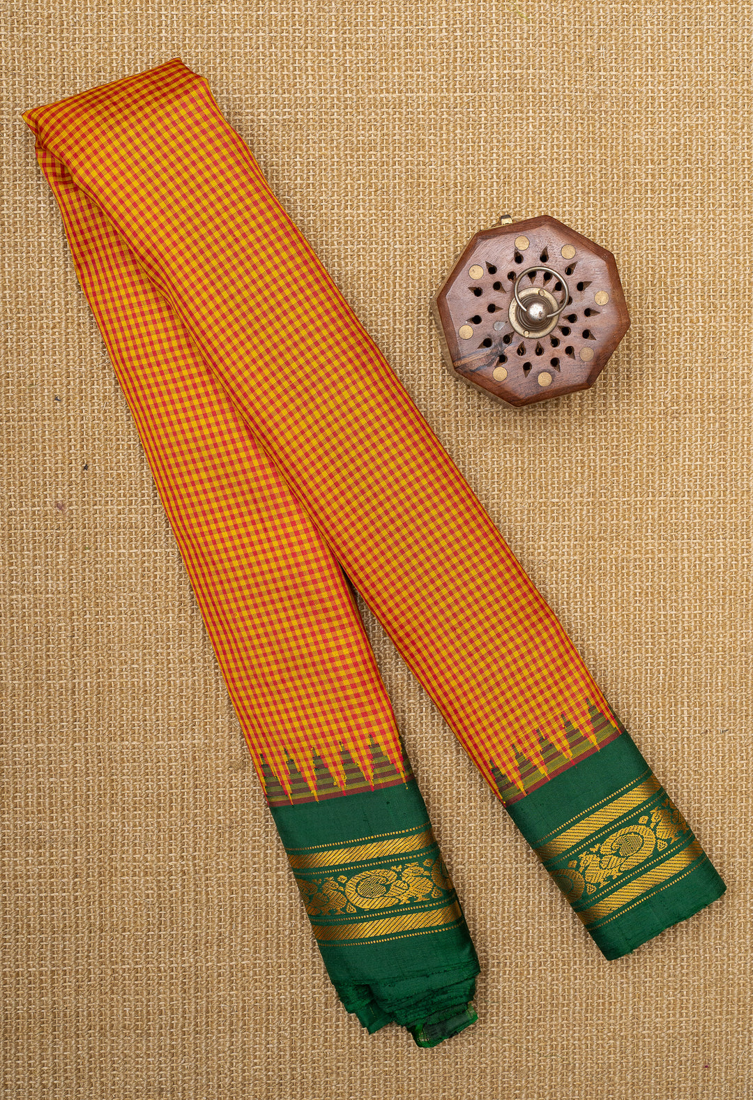 Orange checks and green pure Gadwal silk saree