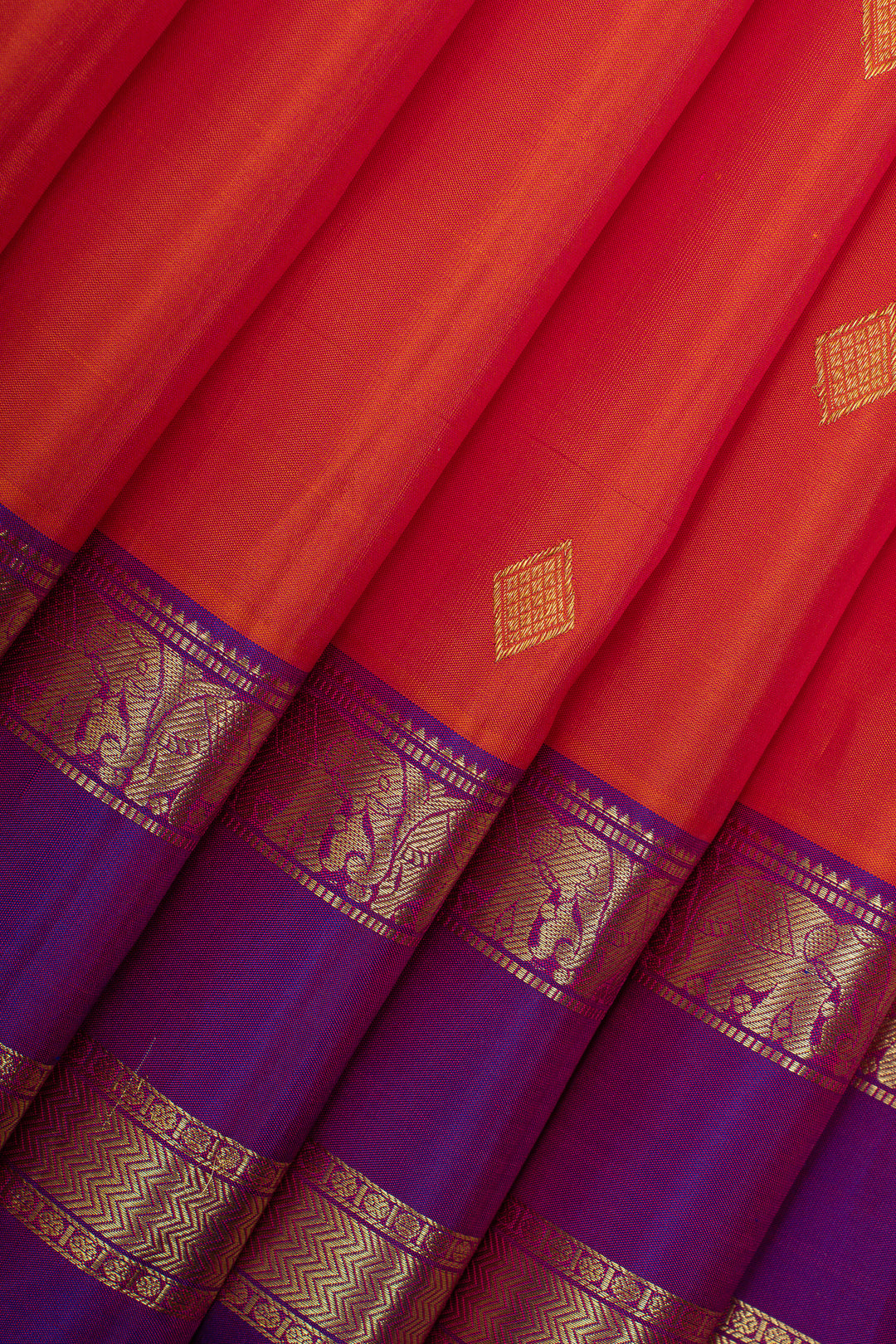 Peach orange triple pettu  pure kanchipuram silk saree