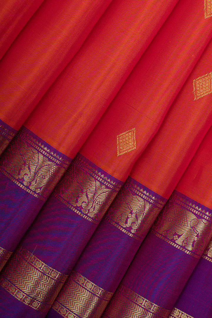 Peach orange triple pettu  pure kanchipuram silk saree