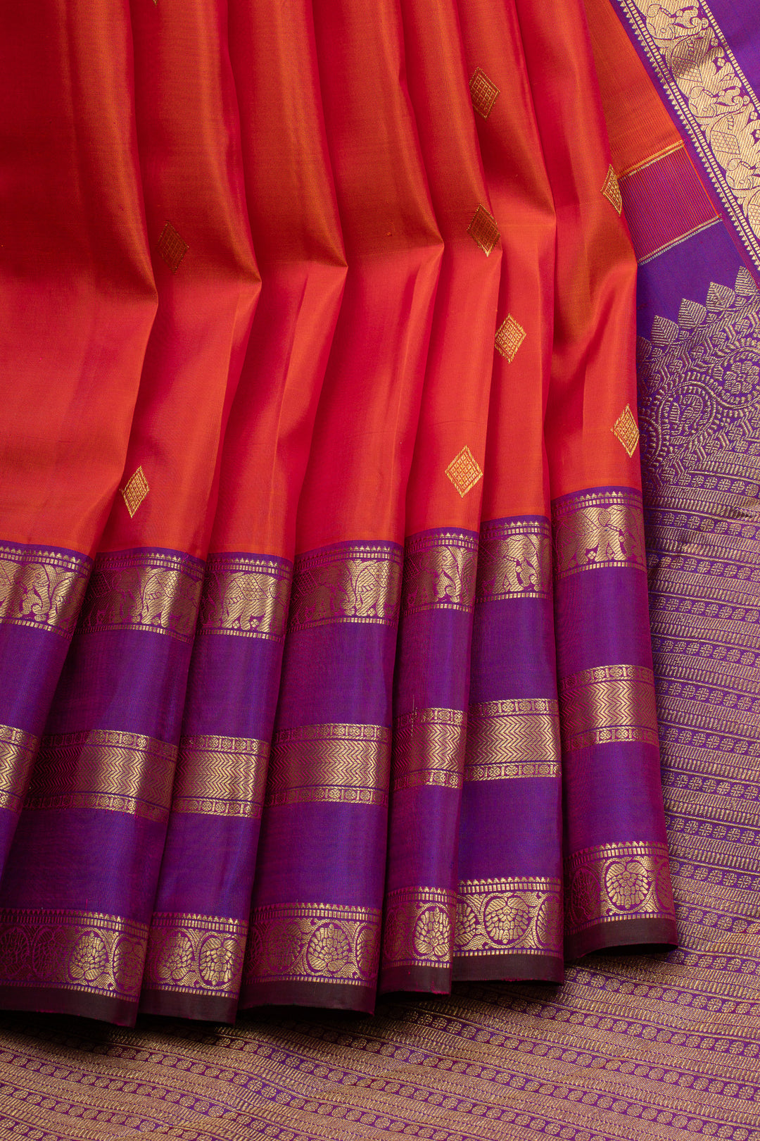 Peach orange triple pettu  pure kanchipuram silk saree