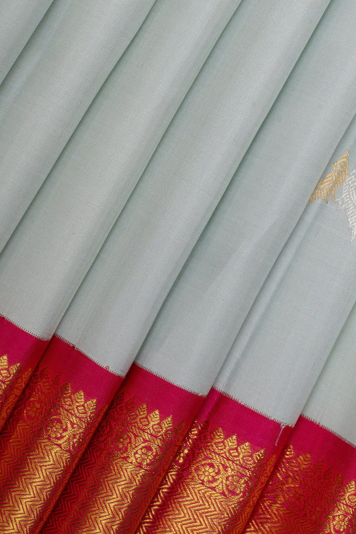 Pastel blue and red traditional pure kanchipuram silk saree