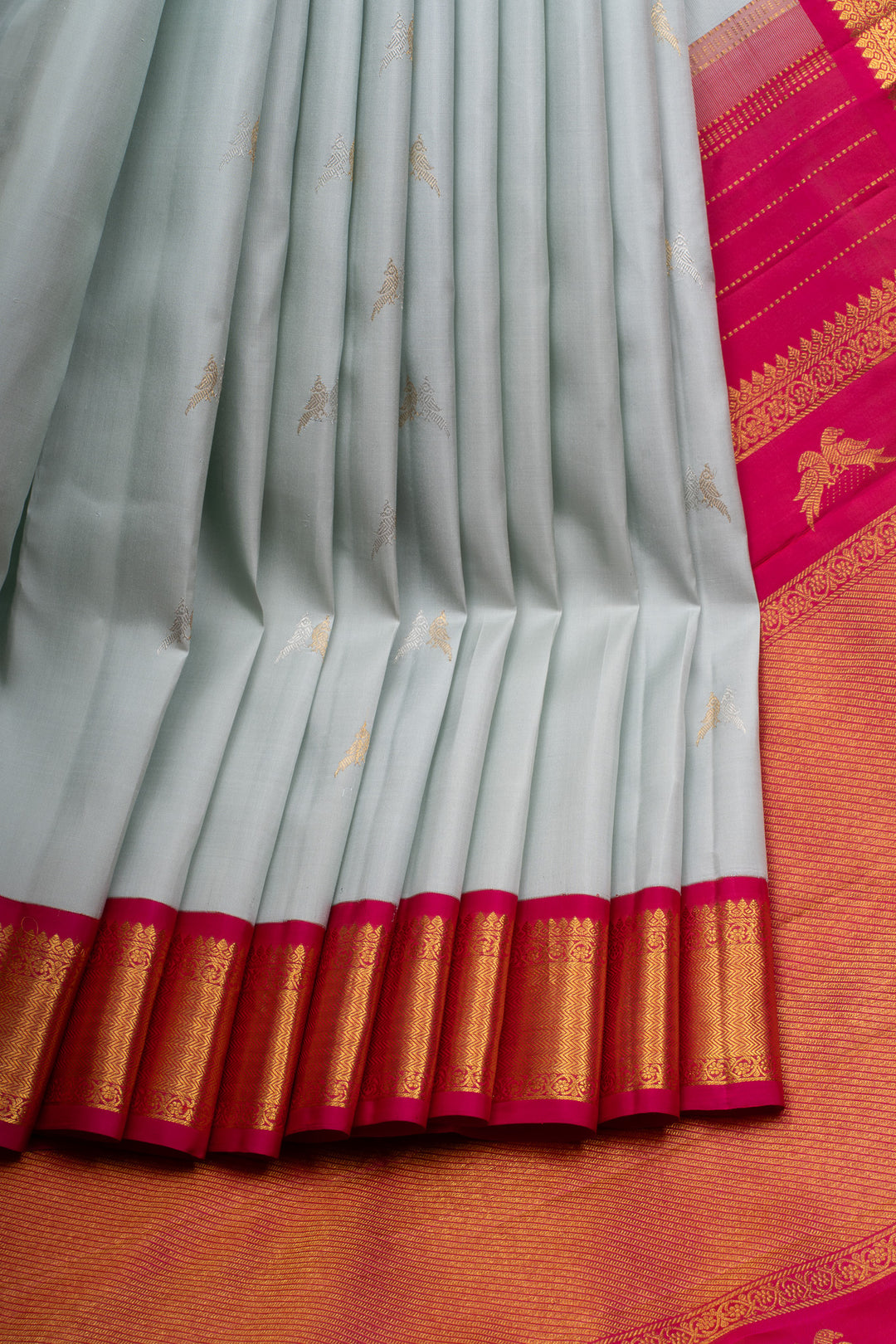 Pastel blue and red traditional pure kanchipuram silk saree