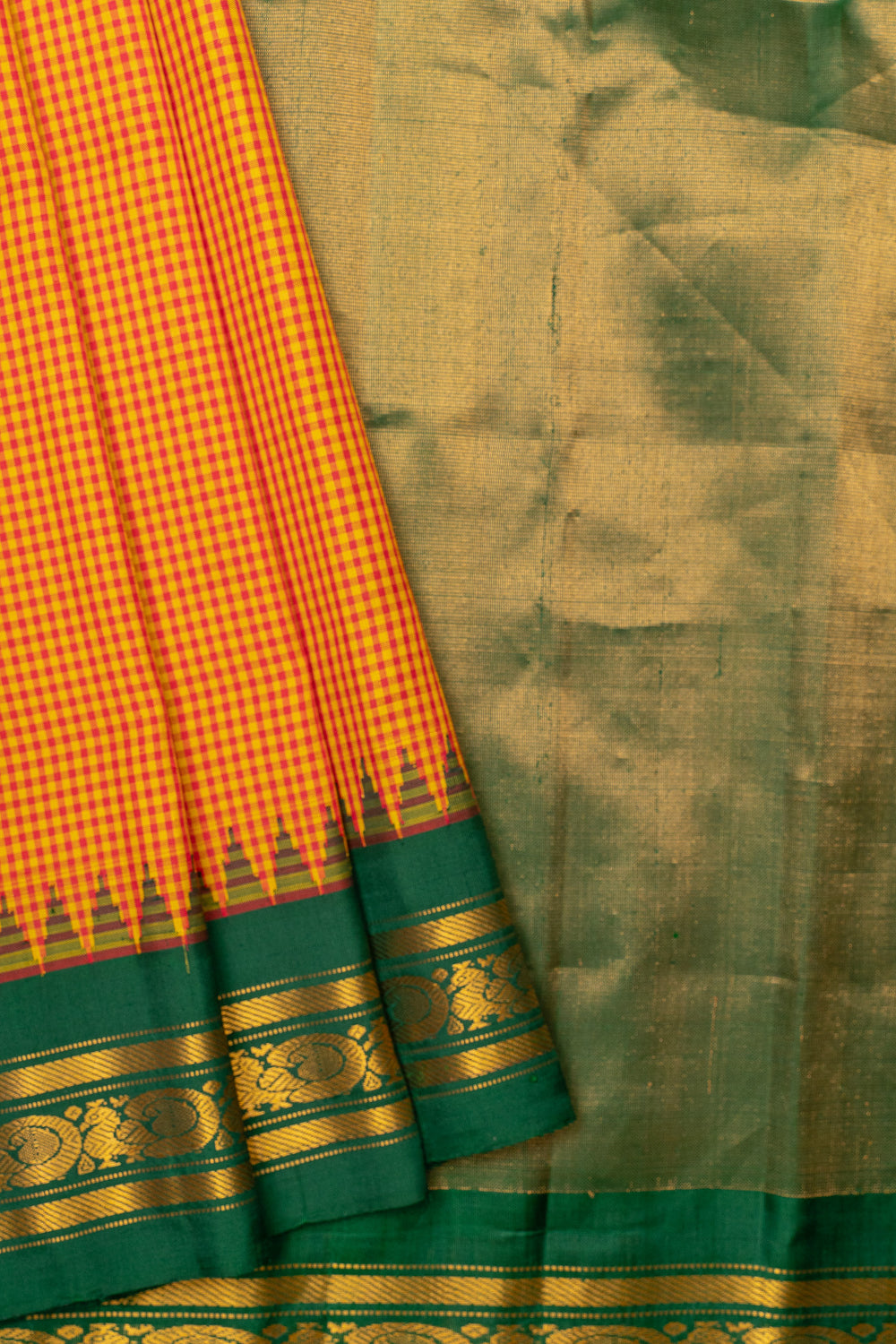 Orange checks and green pure Gadwal silk saree