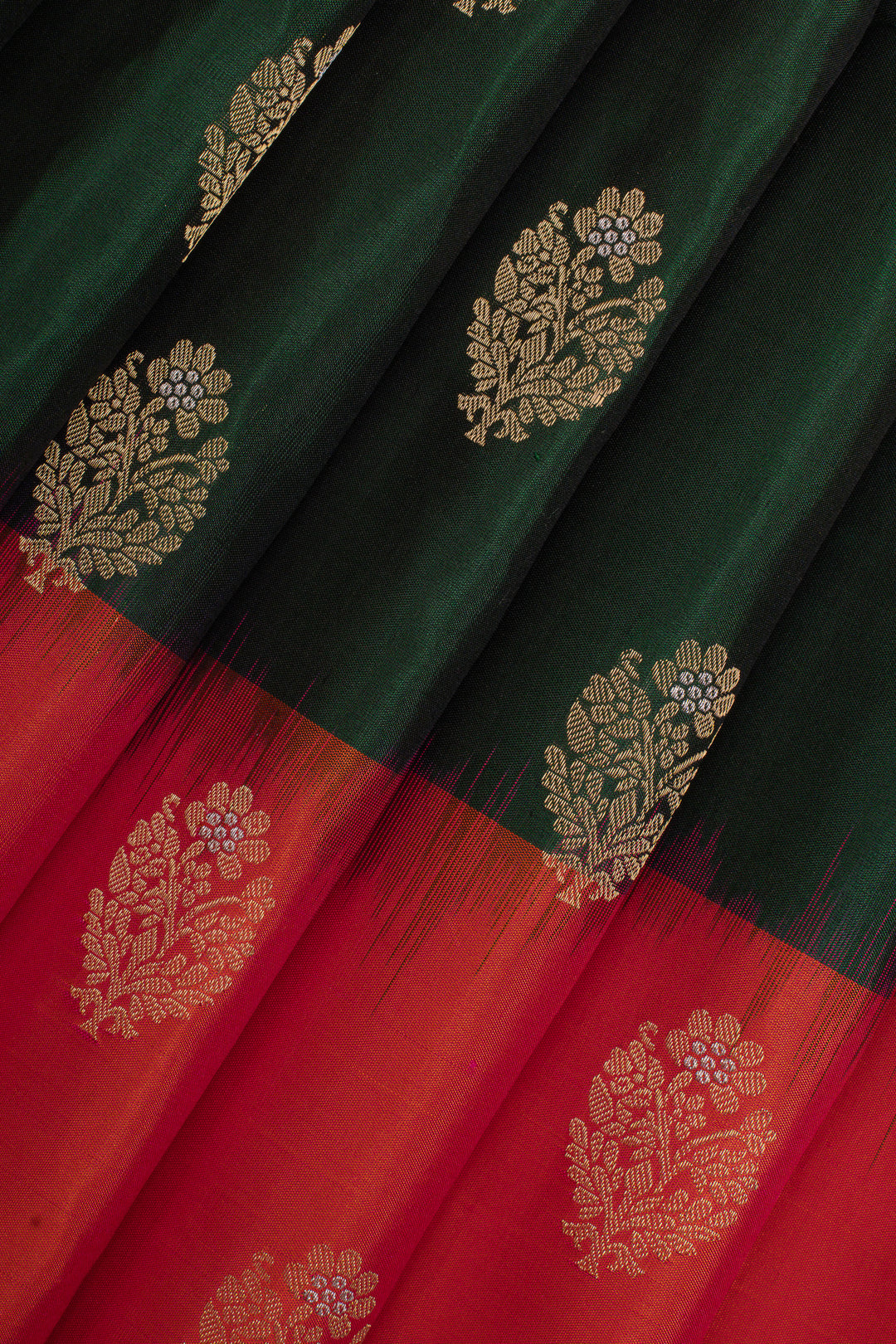 Bottle green and peach traditional pure soft silk saree
